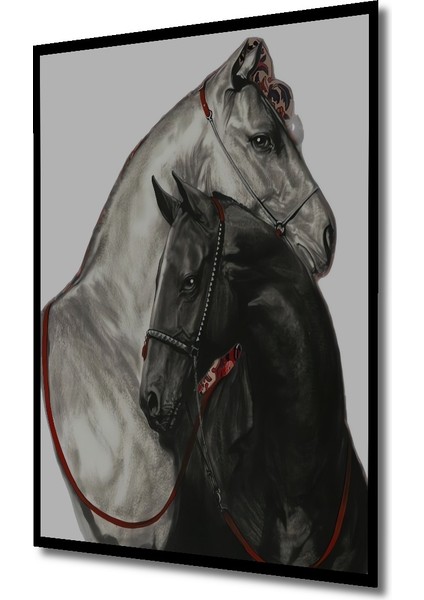 Siyah Beyaz Atlar Kara Kalem Görünümlü Ahşap Dekoratif Tablo Dikdörtgen Tablo indirimleri