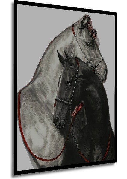 Siyah Beyaz Atlar Kara Kalem Görünümlü Ahşap Dekoratif Tablo Dikdörtgen Tablo