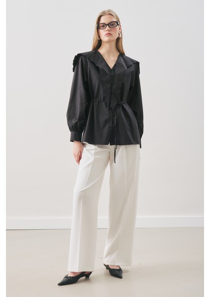 Nakışlı Geniş Yaka Gömlek Siyah