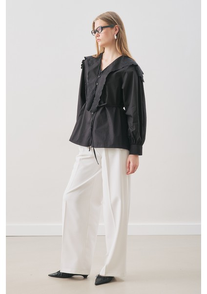 Nakışlı Geniş Yaka Gömlek Siyah fiyatları