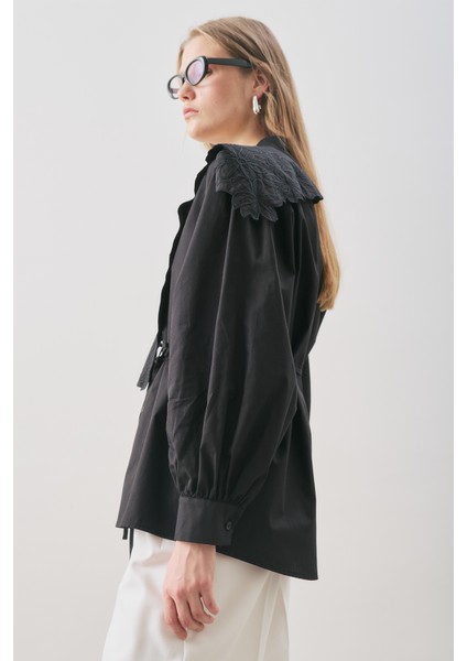 Nakışlı Geniş Yaka Gömlek Siyah fırsatları