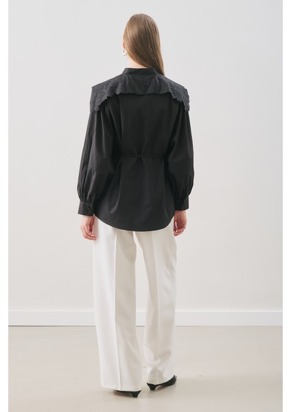 Nakışlı Geniş Yaka Gömlek Siyah