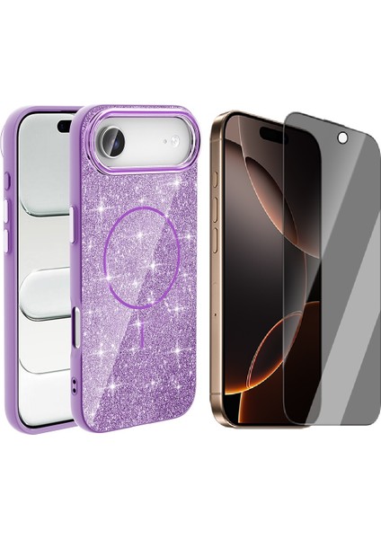 iPhone 17 Air Kılıf M-Safe Şarj Özellikli Parlayan Simli Zore Okso Kapak + Hayalet Ekran Koruyucu