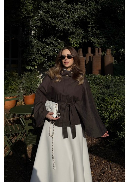 Gold Düğmeli Denim Panço Acı Kahve