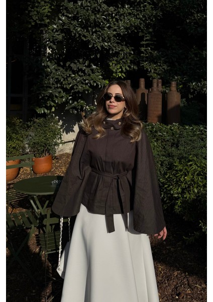 Gold Düğmeli Denim Panço Acı Kahve modelleri