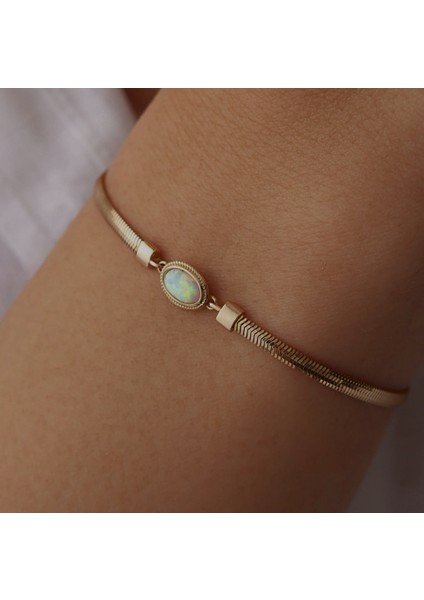 14 Ayar Altın Mavi Opal Şans Taşı Italyan Zincir Bileklik