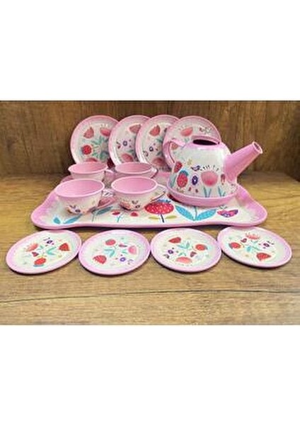 Kutulu 15 Parça Çay Seti Fincan Takımı Metal Evcilik Oyunu Pembe Kutulu Oyuncak Çay Seti