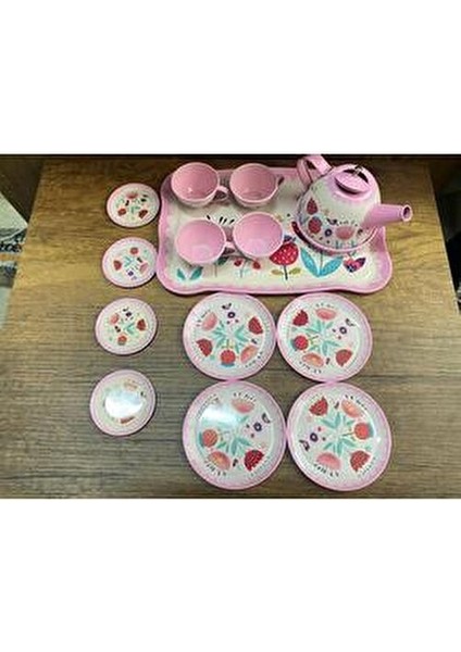 Kutulu 15 Parça Çay Seti Fincan Takımı Metal Evcilik Oyunu Pembe Kutulu Oyuncak Çay Seti
