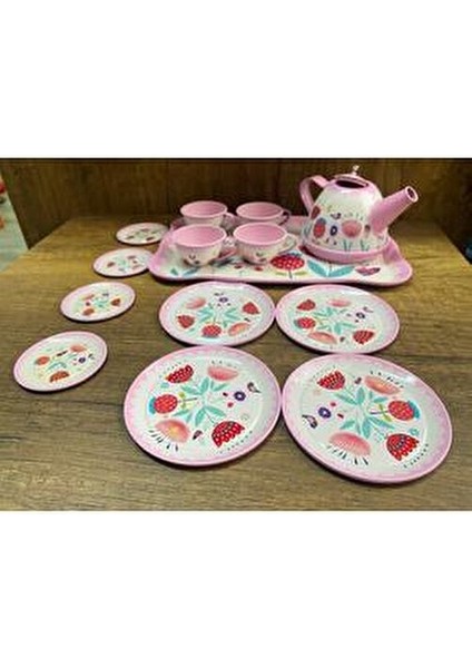 Kutulu 15 Parça Çay Seti Fincan Takımı Metal Evcilik Oyunu Pembe Kutulu Oyuncak Çay Seti