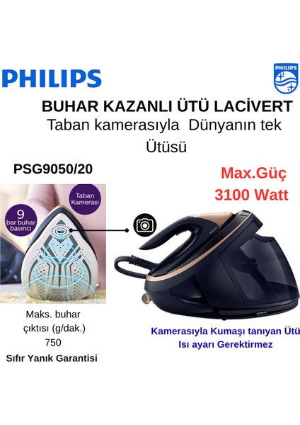 Phılıps Taban Kamerasıyla Dünyanın Tek Ütüsü ,PSG9050/20 Buhar Kazanlı Ütü Lacivert