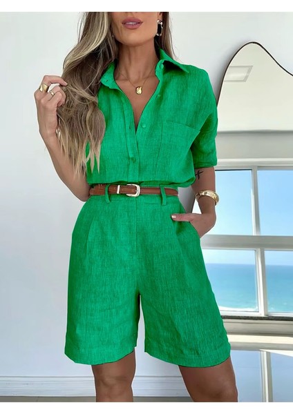 Keten Yazlık Uzun Kol Gömlek Şort Ikili Yeşil Takım fırsatları
