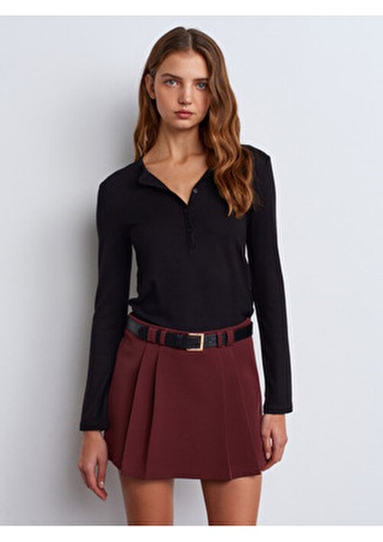 31544 Düğmeli Uzun Kollu Top-Siyah