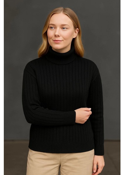 Balıkcı Yaka Bağazlı Triko Kazak Pamuklu Kalın Fitilli Dokuma - Siyah modelleri