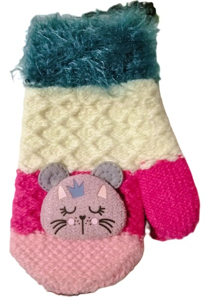 Kız Bebe Örme Tek Parmaklı Kedi Figürlü Eldiven 1-4 Yaş
