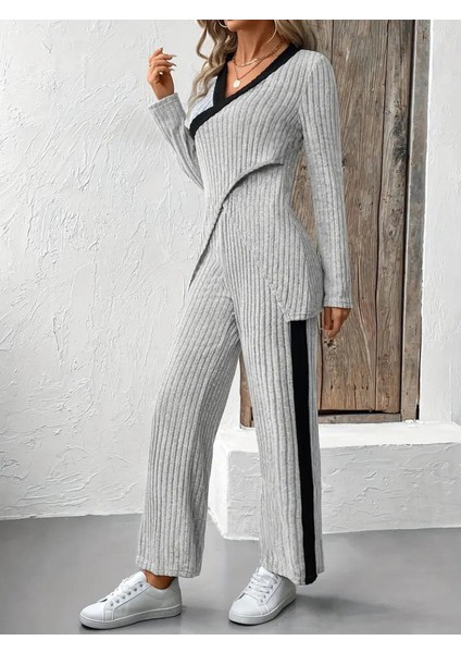 Kadın Uzun Kollu V Yakalı Çapraz Detaylı Şardonlu Kaşkorse Bluz ve Pantolon Ikili Takım