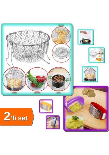 Çok Fonksiyonlu Pratik Süzgeç Katlanır + Pratik Patates Püresi Yapma Aleti - 2li Set A1B2C