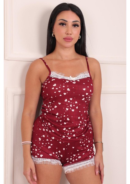 Kadın Kalp Desenli Şortlu Pegasus Pijama Takım Bordo
