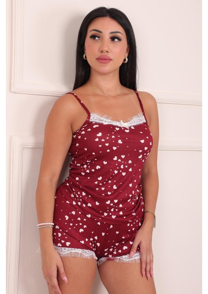 Kadın Kalp Desenli Şortlu Pegasus Pijama Takım Bordo modelleri