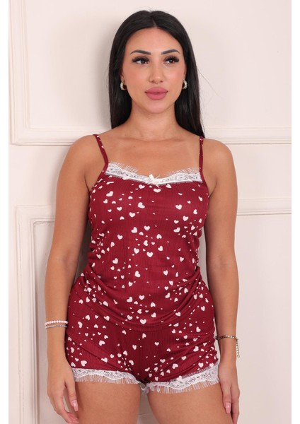 Kadın Kalp Desenli Şortlu Pegasus Pijama Takım Bordo fırsatları