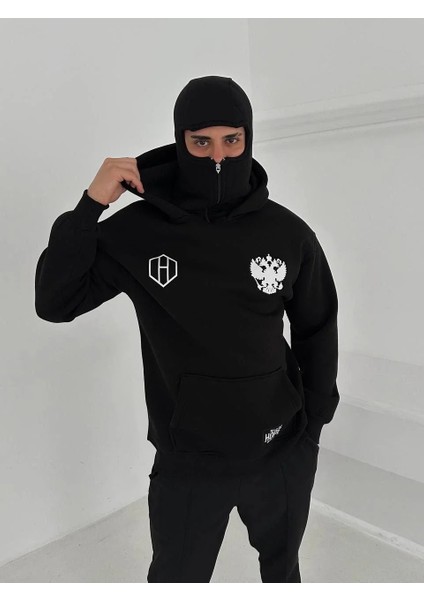 Samuray Ninja Çift Kapşonlu Zıp Fermuarlı Kanguru Çepli Tam Fermuarlı Hoodie Ön ve Arka Baskılı Maske Detaylı Swetshirt - Siyah