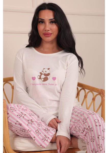Kadın Panda Desenli ve Sloganlı Bisiklet Yaka Uzun Kol Altı Uzun Penye Pijama Takımı