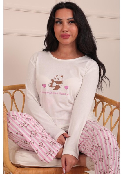 Kadın Panda Desenli ve Sloganlı Bisiklet Yaka Uzun Kol Altı Uzun Penye Pijama Takımı fiyatları