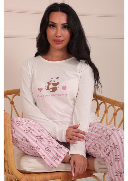 Kadın Panda Desenli ve Sloganlı Bisiklet Yaka Uzun Kol Altı Uzun Penye Pijama Takımı modelleri
