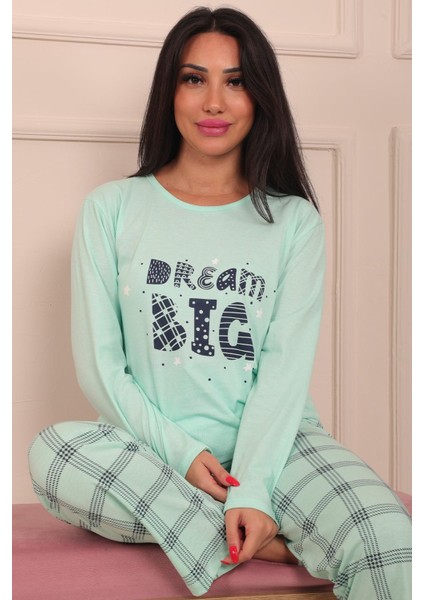 Kadın Dream Big Sloganlı Bisiklet Yaka Uzun Kol Altı Uzun Penye Pijama Takımı
