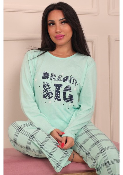Kadın Dream Big Sloganlı Bisiklet Yaka Uzun Kol Altı Uzun Penye Pijama Takımı fiyatları