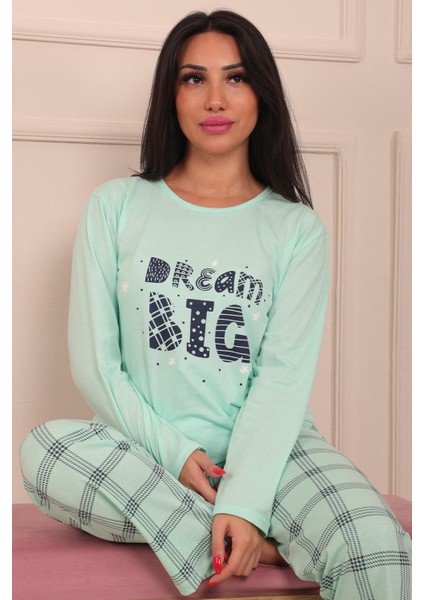 Kadın Dream Big Sloganlı Bisiklet Yaka Uzun Kol Altı Uzun Penye Pijama Takımı modelleri