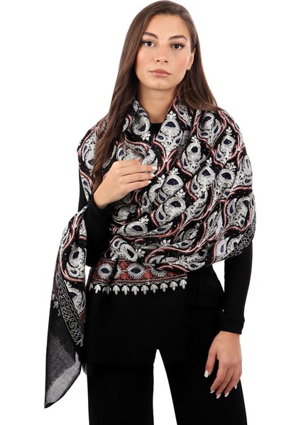 Siyah Kestane Taşlı Işlemeli Yün Ipek Şal