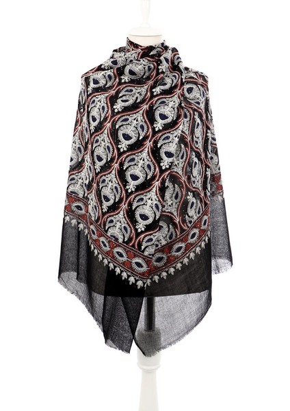 Siyah Kestane Taşlı Işlemeli Yün Ipek Şal fiyatları