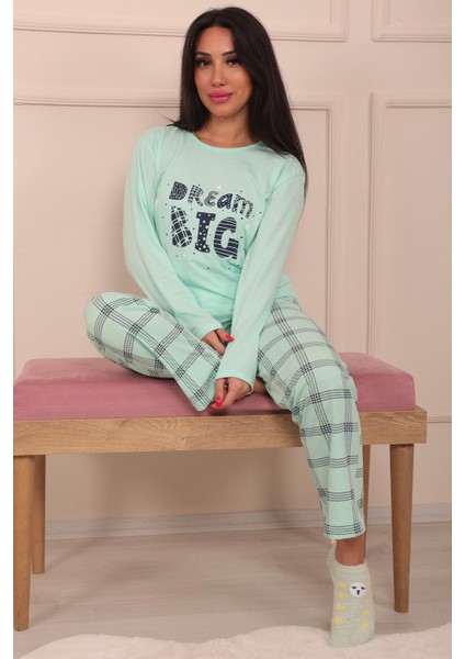 Kadın Dream Big Sloganlı Bisiklet Yaka Uzun Kol Altı Uzun Penye Pijama Takımı fırsatları