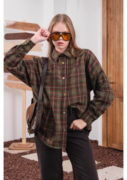 Pamuklu Ekose Oduncu Kadın Gömlek Oversize