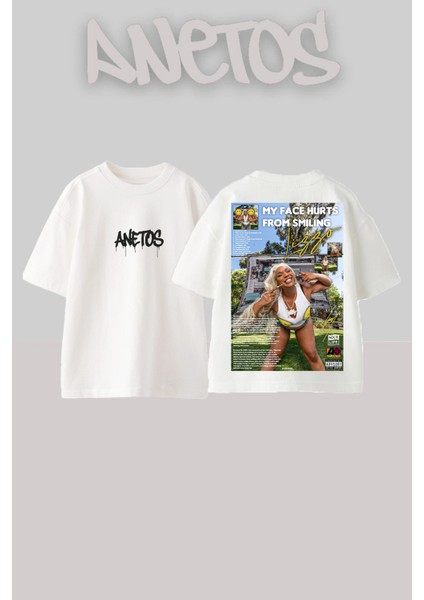 My Face Hurts Tasarım Sırt Baskılı Pamuk Beyaz Oversize T-Shirt