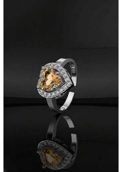 925 Ayar Sitrin Taşlı Rodyum Pırlanta Işıltılı Kalp Ayarlanabilir Gümüş Yüzük