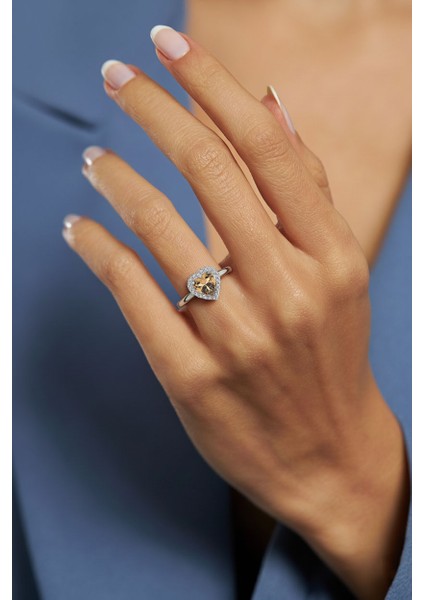 925 Ayar Sitrin Taşlı Rodyum Pırlanta Işıltılı Kalp Ayarlanabilir Gümüş Yüzük fiyatları