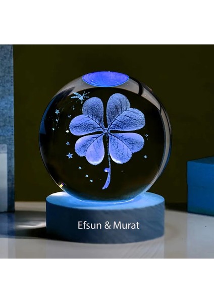 Isme Özel Ahşap 4 Yapraklı Yonca Cam Küre 3 Boyutlu Şans Küresi 6cm
