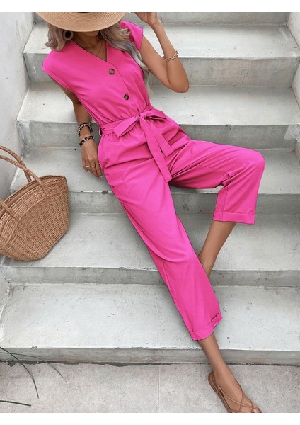 Keten Kadın V Yaka Tek Sıra Düğmeli Kolsuz Fuşya Tulum
