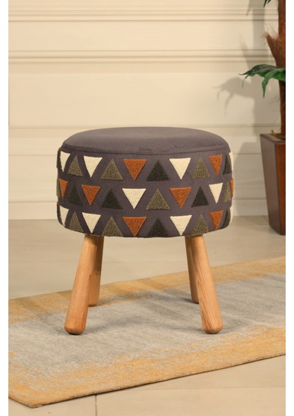 pufcuk Dekoratif rahat ve konforlu puf - gri renkli - nakışlı - gürgen ayaklı - yuvarlak puf - çok amaçlı kullanım - modern bench