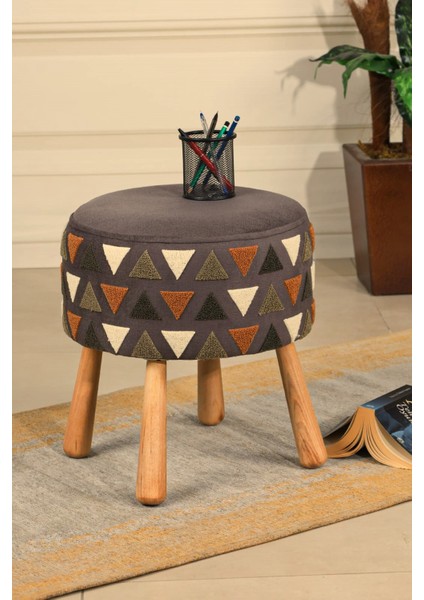 pufcuk Dekoratif rahat ve konforlu puf - gri renkli - nakışlı - gürgen ayaklı - yuvarlak puf - çok amaçlı kullanım - modern bench fiyatları