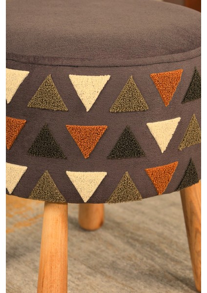 pufcuk Dekoratif rahat ve konforlu puf - gri renkli - nakışlı - gürgen ayaklı - yuvarlak puf - çok amaçlı kullanım - modern bench modelleri