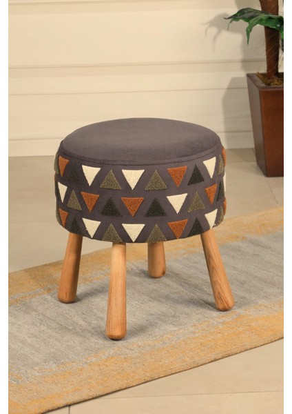 pufcuk Dekoratif rahat ve konforlu puf - gri renkli - nakışlı - gürgen ayaklı - yuvarlak puf - çok amaçlı kullanım - modern bench fırsatları