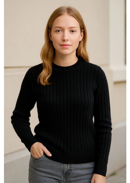 Bisiklet Yuvarlak Yaka Triko Kazak Pamuklu Kalın Fitilli Dokuma, Regular Fit Uzun Kollu Kışlık Model - Siyah