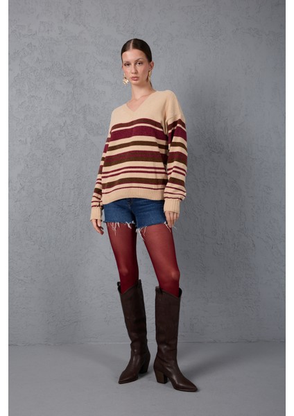 Kadın Açık Bej Çizgili V Yaka Şönil Kadife Triko Kazak