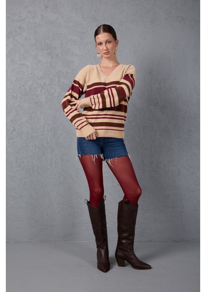 Kadın Açık Bej Çizgili V Yaka Şönil Kadife Triko Kazak