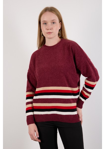 Kadın Bordo Çizgili Bisiklet Yaka Şönil Kadife Triko Kazak
