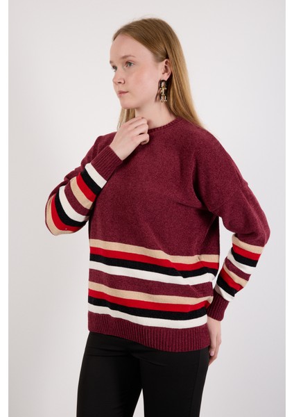 Kadın Bordo Çizgili Bisiklet Yaka Şönil Kadife Triko Kazak fiyatları