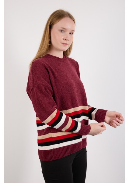 Kadın Bordo Çizgili Bisiklet Yaka Şönil Kadife Triko Kazak modelleri