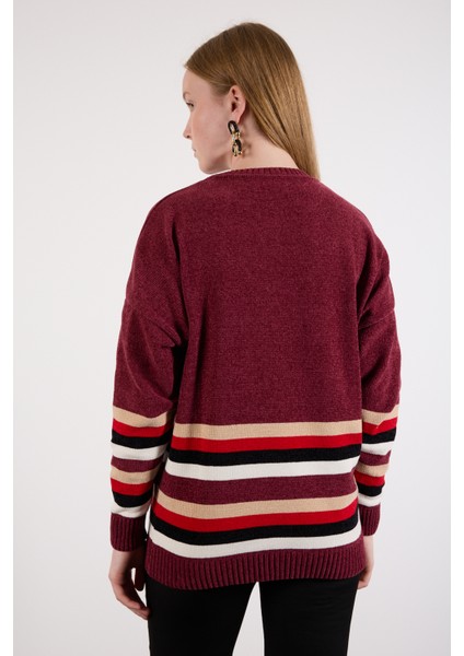 Kadın Bordo Çizgili Bisiklet Yaka Şönil Kadife Triko Kazak fırsatları